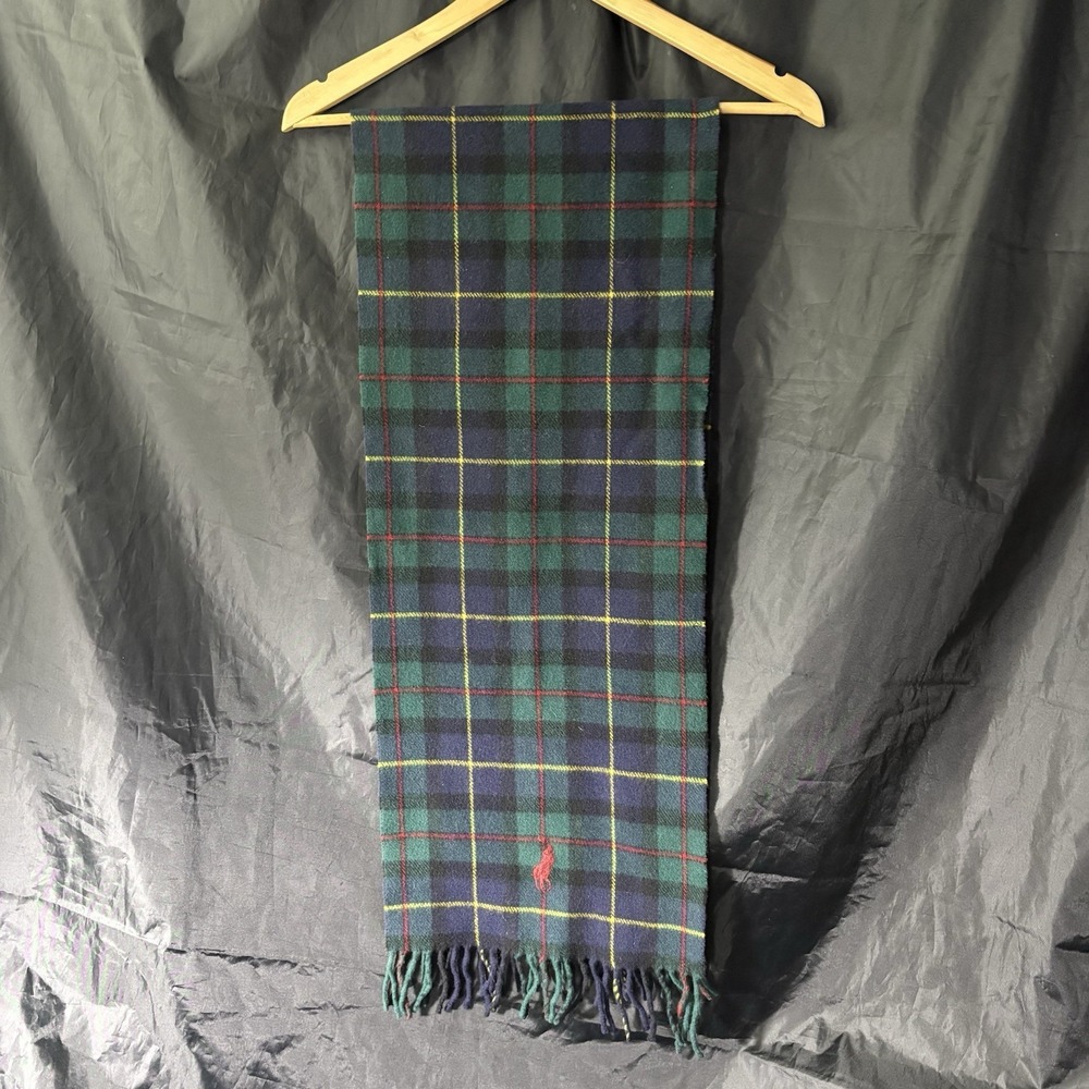 Polo Ralph Lauren Made in Italy Tartan Wool Scarf Pony Logo Italian Navy Green